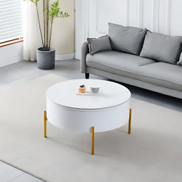 Table basse ronde coffre avec plateau relevable et pieds dorés