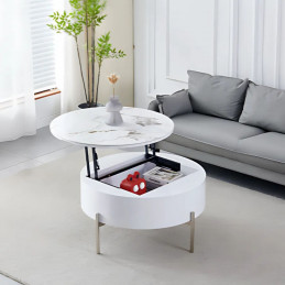 Table basse ronde coffre avec plateau relevable et pieds chromes