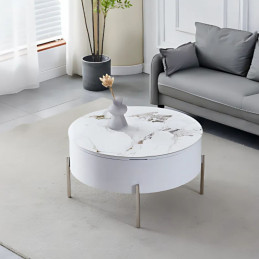 Table basse ronde coffre avec plateau relevable et pieds chromes