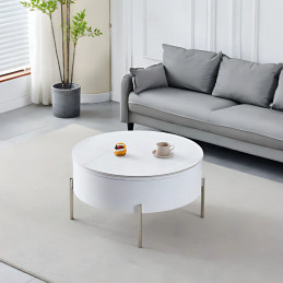 Table basse ronde coffre avec plateau relevable et pieds chromes