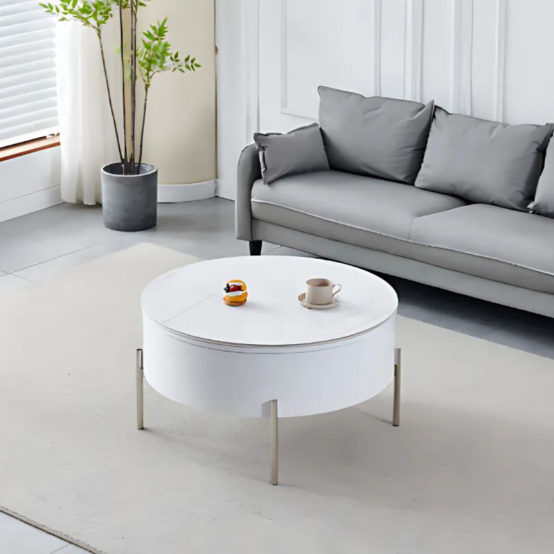 Table basse ronde coffre avec plateau relevable et pieds chromes Table basse ronde coffre avec plateau relevable et pieds chromes