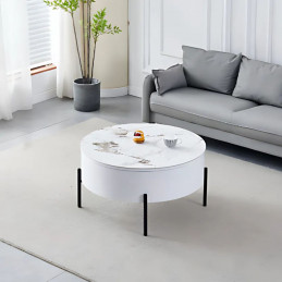 Table basse ronde coffre avec plateau relevable et pieds noirs