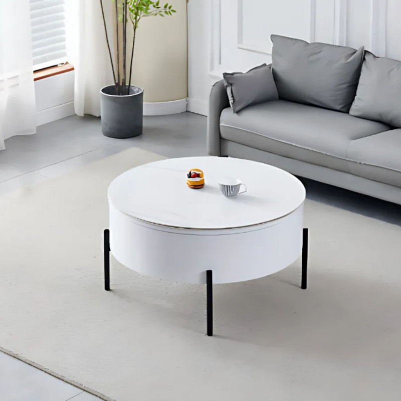 Table basse ronde coffre avec plateau relevable et pieds noirs Table basse ronde coffre avec plateau relevable et pieds noirs