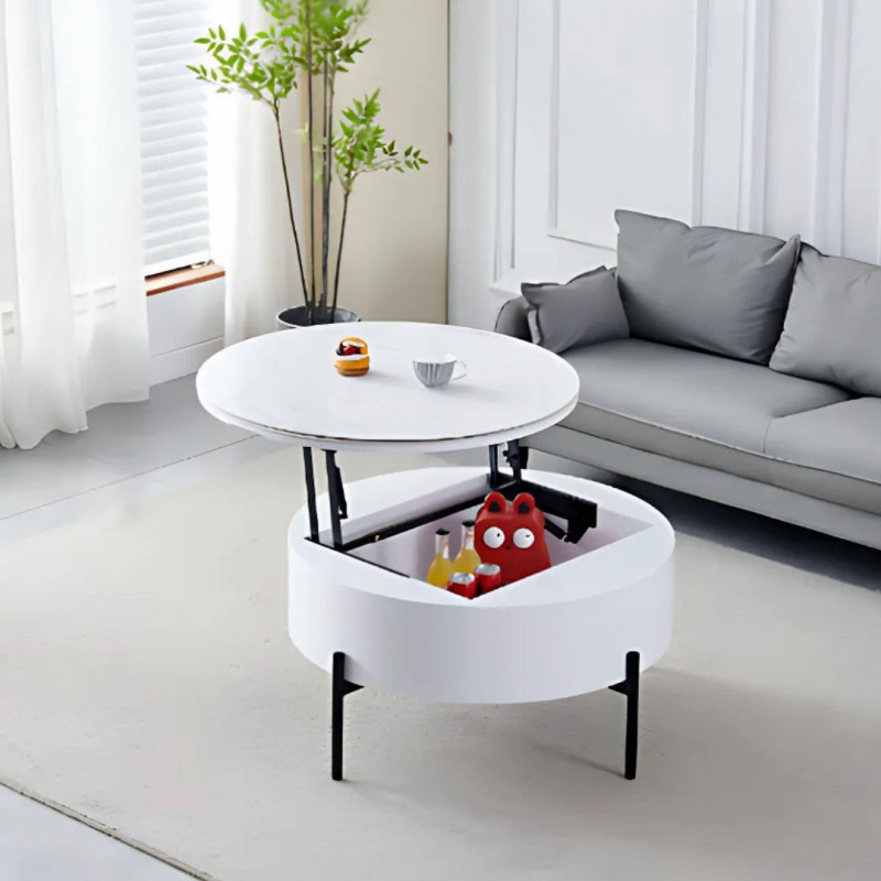 Table basse ronde coffre avec plateau relevable et pieds noirs Table basse ronde coffre avec plateau relevable et pieds noirs
