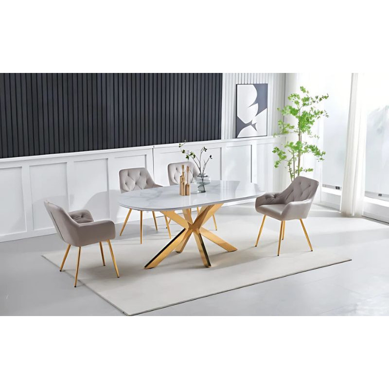 Table à manger 180 cm effet marbre – Pieds dorés Table à manger 180 cm effet marbre – Pieds dorés