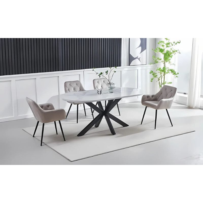 Table à manger 180 cm pied noir – plateau céramique marbre Table à manger 180 cm pied noir – plateau céramique marbre