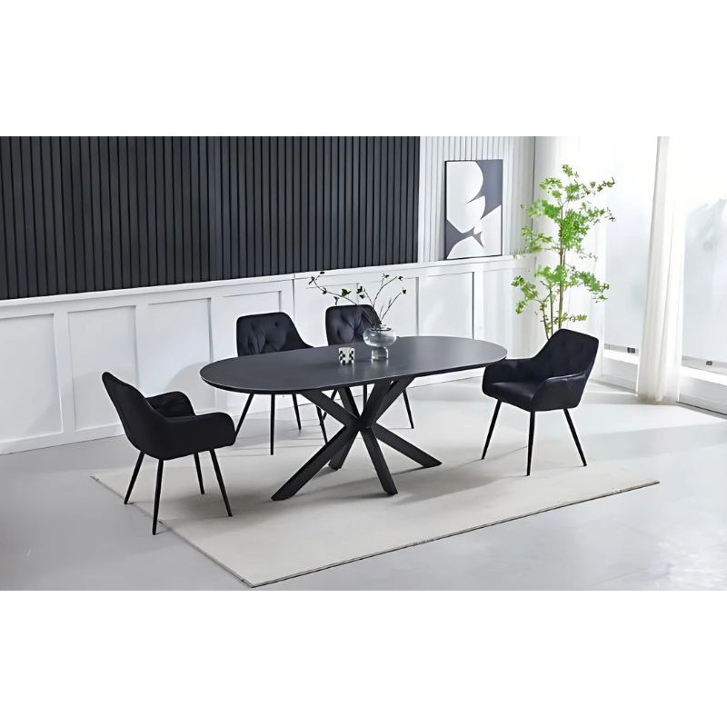 Table à manger 180 cm pied noir – plateau céramique marbre Table à manger 180 cm pied noir – plateau céramique marbre