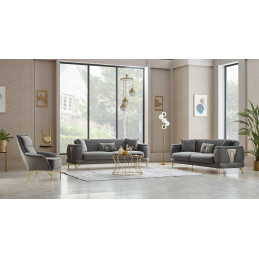 Salon complet 3+2+1 velours gris élégant avec coffre de rangement