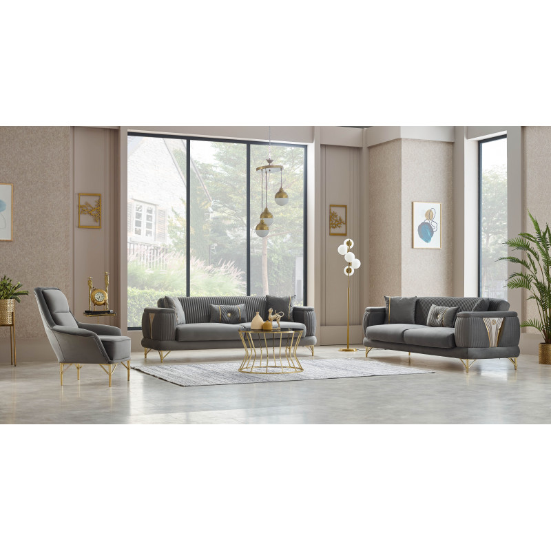 Salon complet 3+2+1 velours gris élégant avec coffre de rangement Salon complet 3+2+1 velours gris élégant avec coffre de rangement