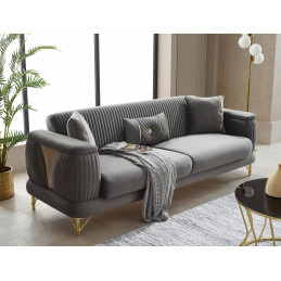 Salon complet 3+2+1 velours gris élégant avec coffre de rangement