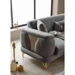 Salon complet 3+2+1 velours gris élégant avec coffre de rangement