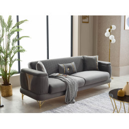Salon complet 3+2+1 velours gris élégant avec coffre de rangement