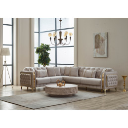 Canapé angle velours beige avec coffre et piètement doré