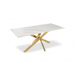 Table à manger 150 cm – Pieds dorés croisés – Plateau marbre ou bois