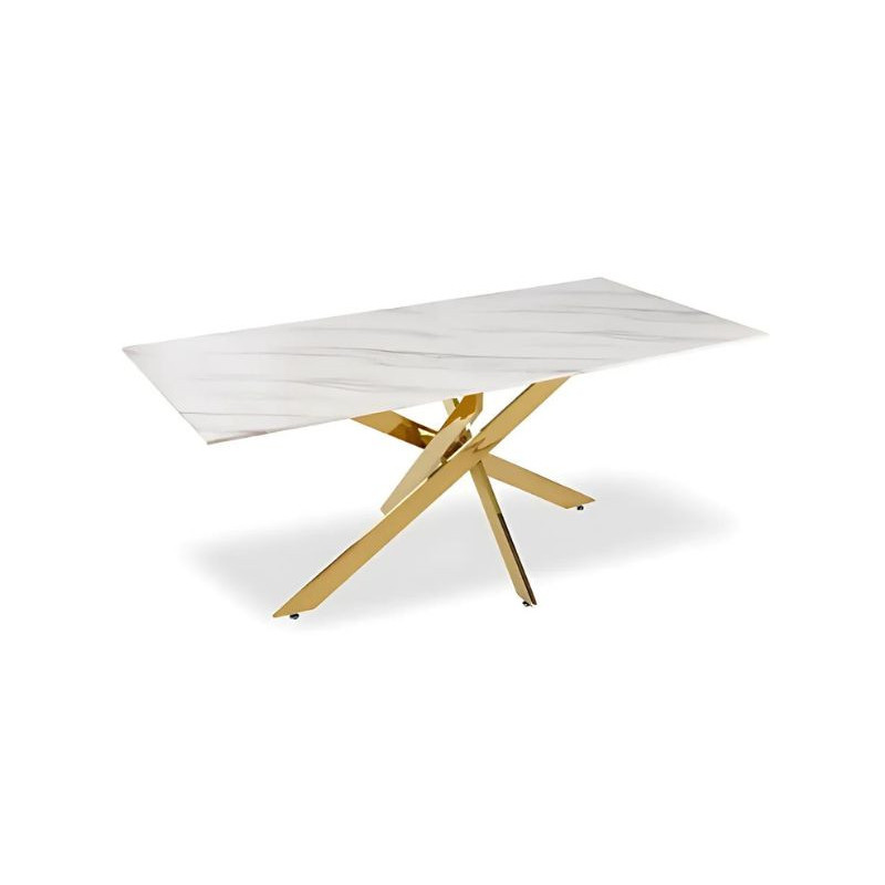 Table à manger 150 cm – Pieds dorés croisés – Plateau marbre ou bois Table à manger 150 cm – Pieds dorés croisés – Plateau marbre ou bois