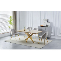 Table à manger 150 cm – Pieds dorés croisés – Plateau marbre ou bois