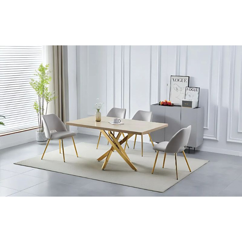 Table à manger 150 cm – Pieds dorés croisés – Plateau marbre ou bois Table à manger 150 cm – Pieds dorés croisés – Plateau marbre ou bois