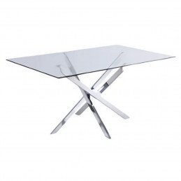 Table à manger rectangulaire 180 cm avec plateau en verre trempé transparent. Pieds croisés noirs ou chromés. Design épuré et mo
