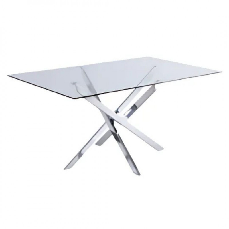 Table à manger rectangulaire 180 cm avec plateau en verre trempé transparent. Pieds croisés noirs ou chromés. Design épuré et mo Table à manger rectangulaire 180 cm avec plateau en verre trempé transparent. Pieds croisés noirs ou chromés. Design épuré et mo