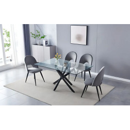 Table à manger rectangulaire 180 cm avec plateau en verre trempé transparent. Pieds croisés noirs ou chromés. Design épuré et mo
