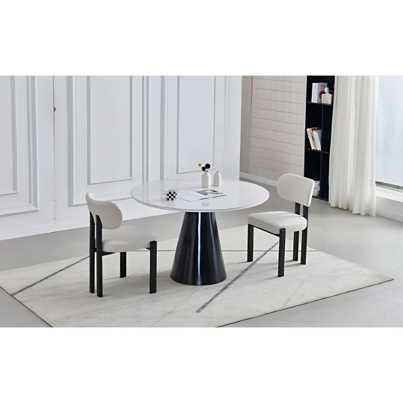 Table à manger ronde 120 cm – Pied central noir – Effet marbre blanc Table à manger ronde 120 cm – Pied central noir – Effet marbre blanc