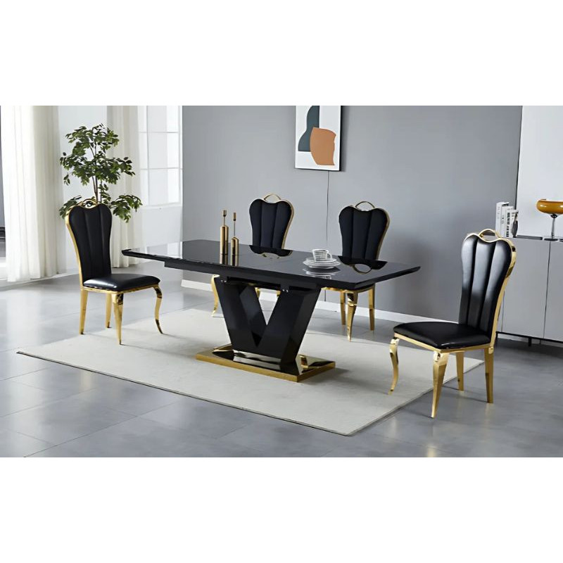 Table à manger avec rallonge 160-200 cm - Pied central en V avec bordures dorées Table à manger avec rallonge 160-200 cm - Pied central en V avec bordures dorées