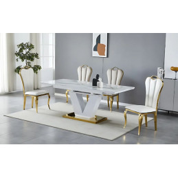 Table à manger avec rallonge 160-200 cm - Pied central en V avec bordures dorées