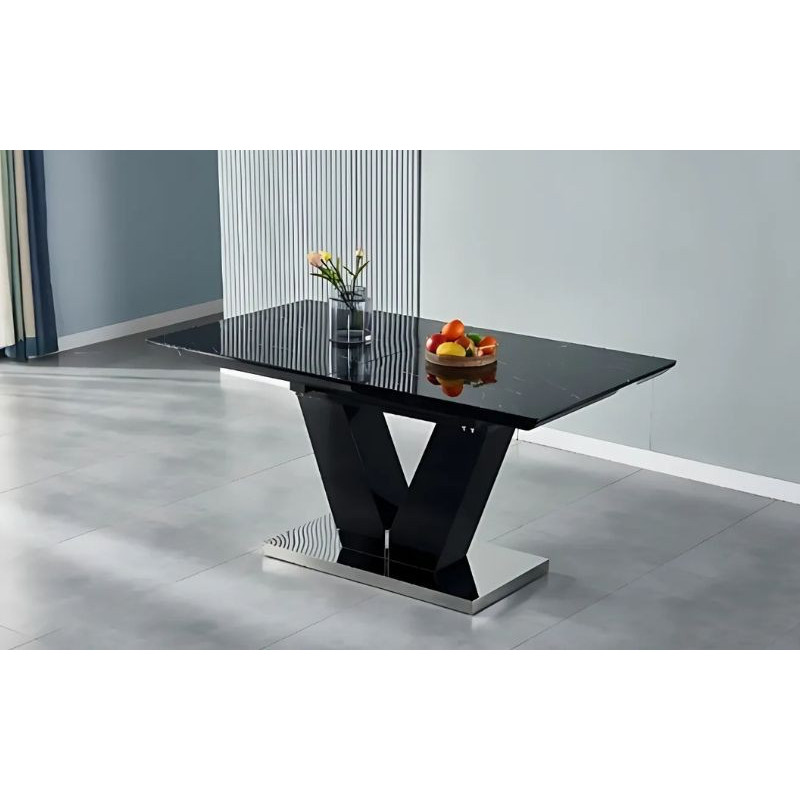Table à manger avec rallonge 160-200 cm - Pied central en V avec bordures chromées Table à manger avec rallonge 160-200 cm - Pied central en V avec bordures chromées