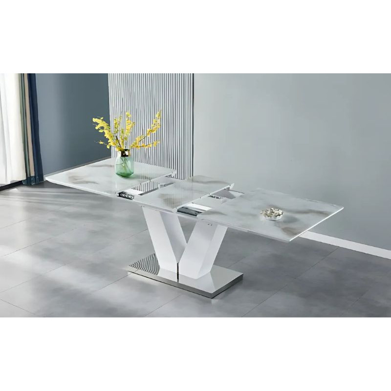 Table à manger avec rallonge 160-200 cm - Pied central en V avec bordures chromées Table à manger avec rallonge 160-200 cm - Pied central en V avec bordures chromées