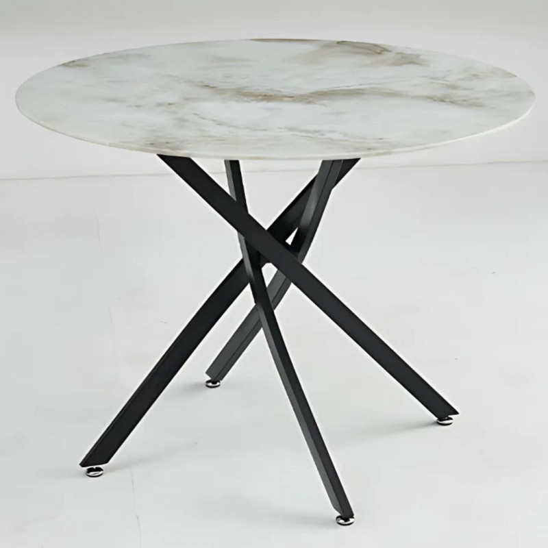Table à manger ronde 120 cm – Pieds entrecroisés – Plateau marbre ou verre transparent Table à manger ronde 120 cm – Pieds entrecroisés – Plateau marbre ou verre transparent