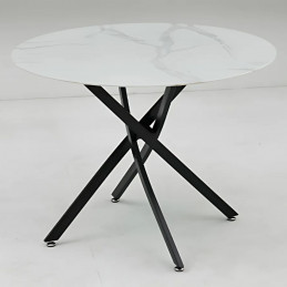 Table à manger ronde 120 cm – Pieds entrecroisés – Plateau marbre ou verre transparent