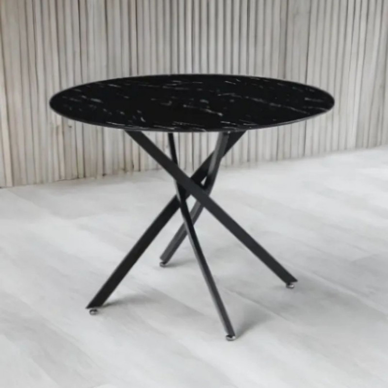 Table à manger ronde 120 cm – Pieds entrecroisés – Plateau marbre ou verre transparent Table à manger ronde 120 cm – Pieds entrecroisés – Plateau marbre ou verre transparent