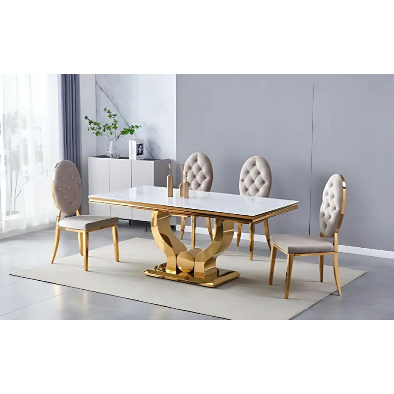 Table à manger 150 cm pied doré et plateau marbre Table à manger 150 cm pied doré et plateau marbre