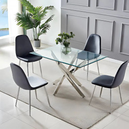 Table à manger verre transparent – Pieds chromés – 150 cm