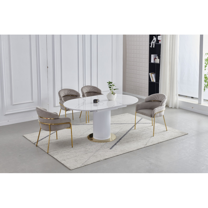 Table Calista extensible – Marbre blanc céramique doré ou argenté Table Calista extensible – Marbre blanc céramique doré ou argenté