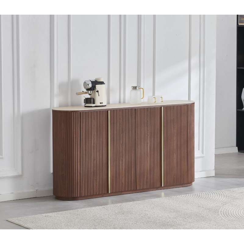 Buffet 4 portes bois noyer & travertin – ZÉPHYR Buffet 4 portes bois noyer & travertin – ZÉPHYR