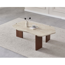 Table basse ZORA effet travertin et pieds noyer – BricoChic