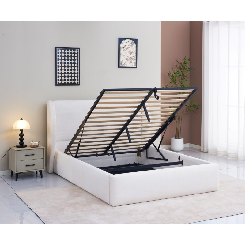 Lit coffre Miami 180 cm a lattes chenille rase beige